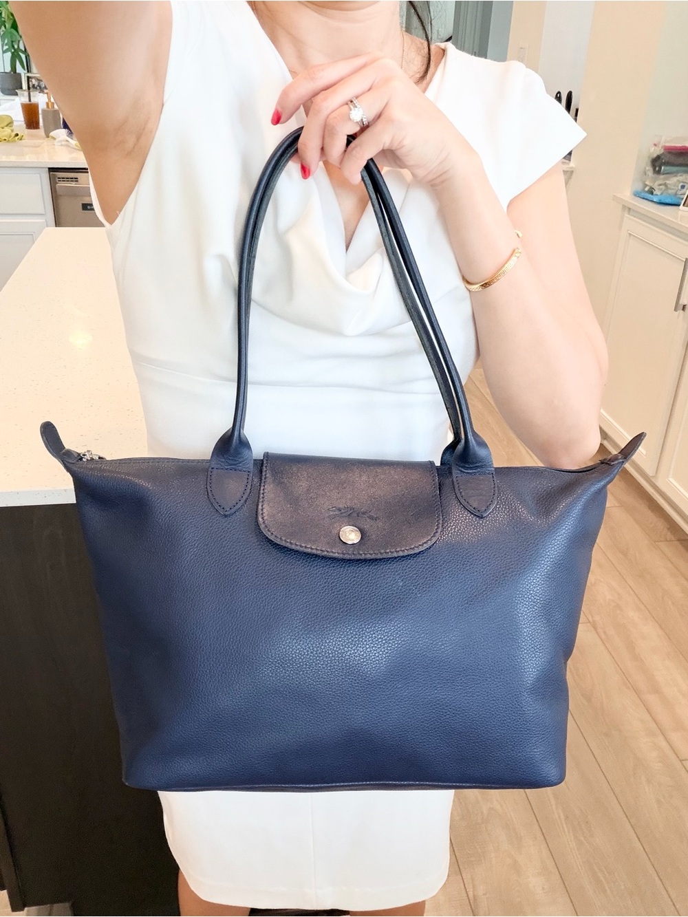 Auth LONGCHAMP Le Pliage Grained Leather Navy Blue Large Tote with Long Handles